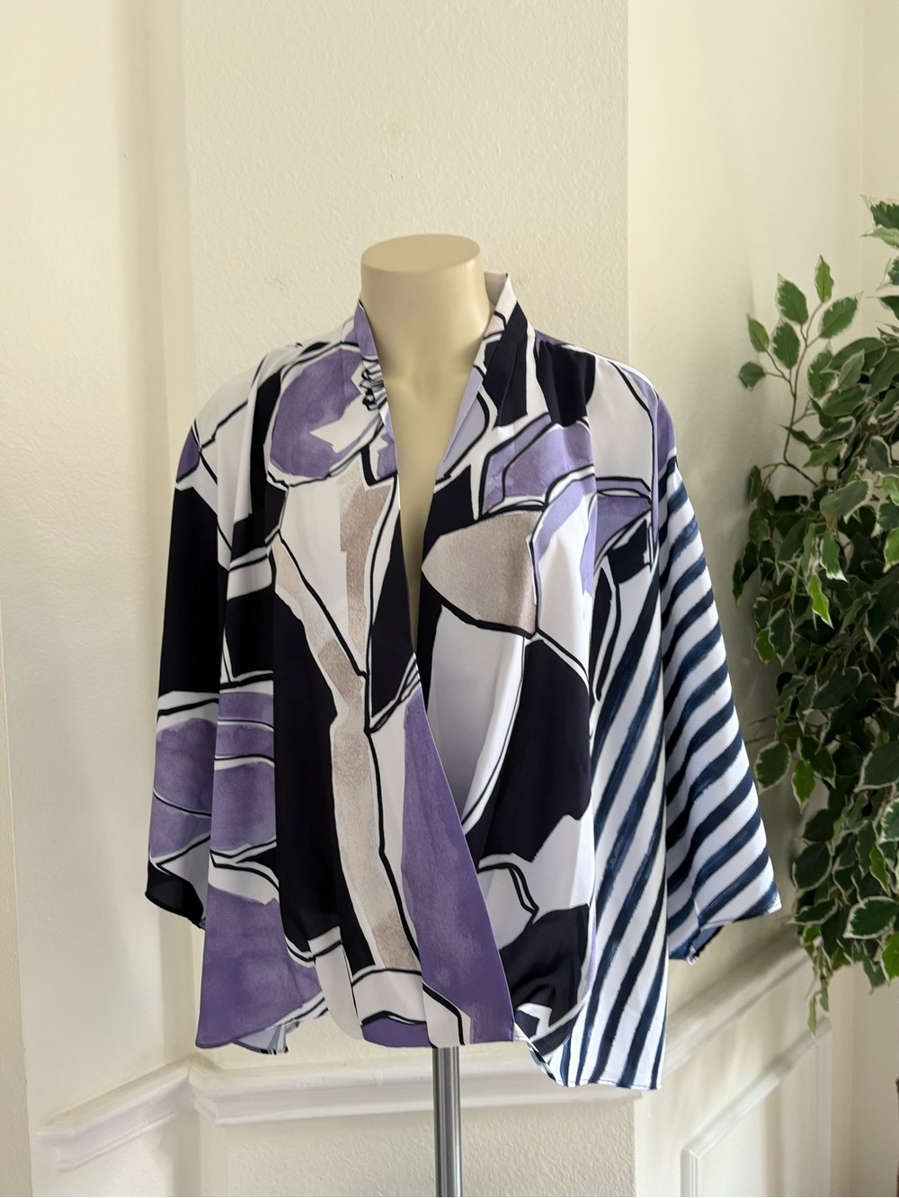 Abstract Floral & Stripe Draped Blouse in Lavender, Black & White